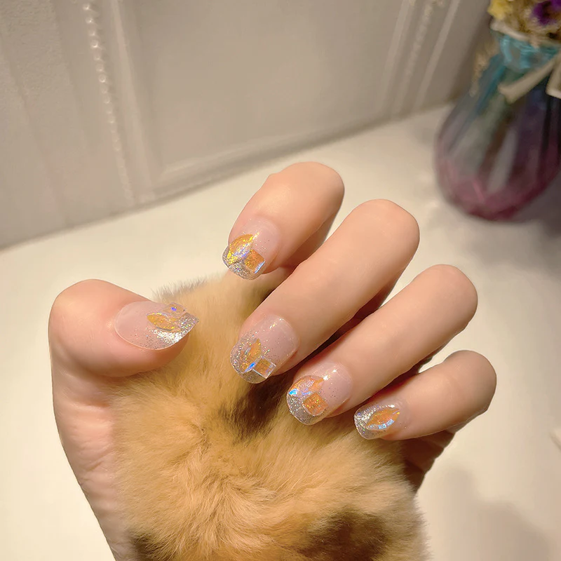 Ethereal Beauty Short Squoval Beige Press On Nail Set with Iridescent Accents and Glitter Detail