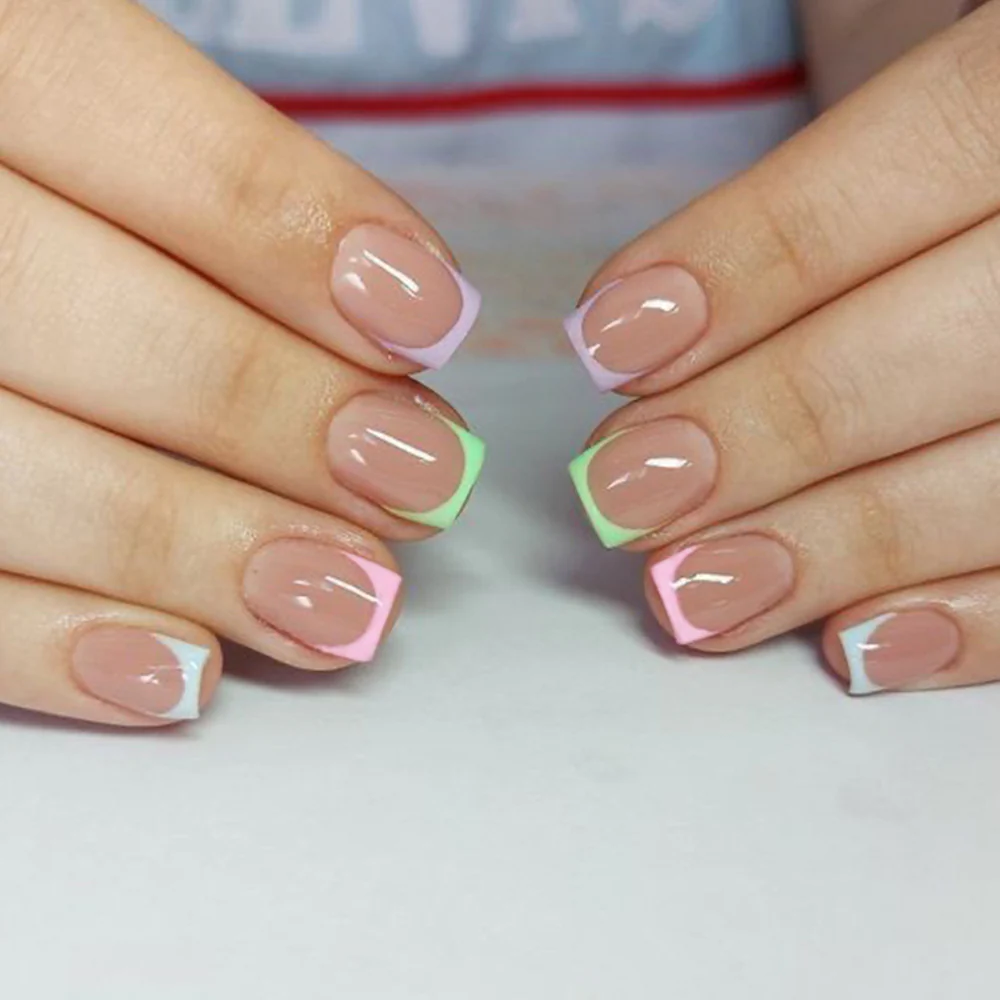 Ethereal Dreamy Short Square Press On Nail Set in Medium Length with Pastel Color Tips and Glossy Finish