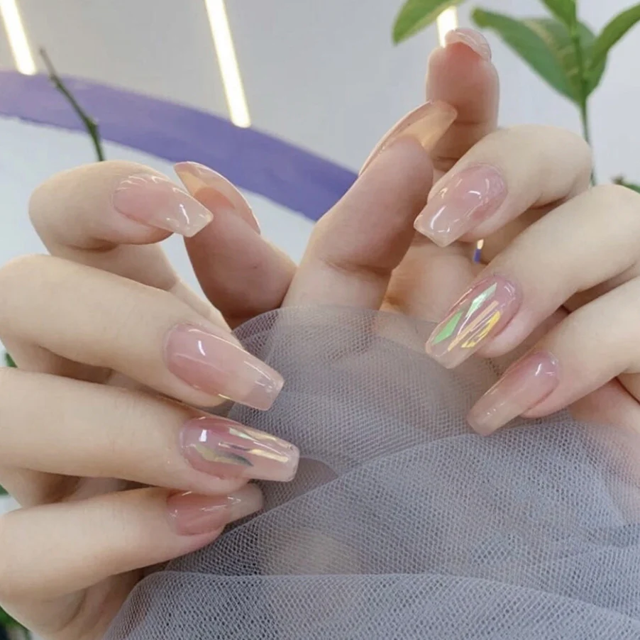 Ethereal Elegance Extra Long Coffin Beige Press On Nails with Iridescent Sheen