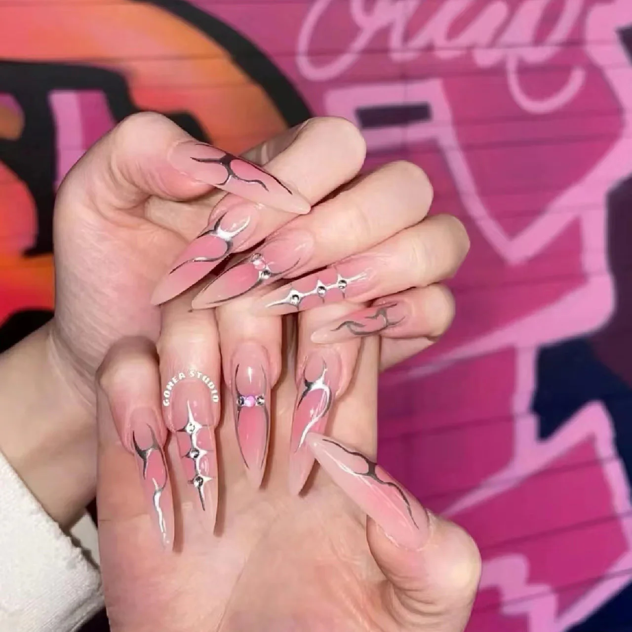 Ethereal Elegance Long Stiletto Pale Pink Press on Nail Set with Rhinestone Accents