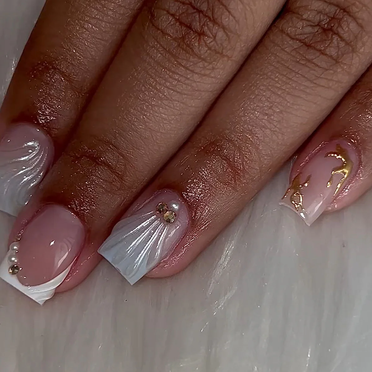 Ethereal Elegance Short Square White with Gold Accents and Textured Design Press On Nail Set