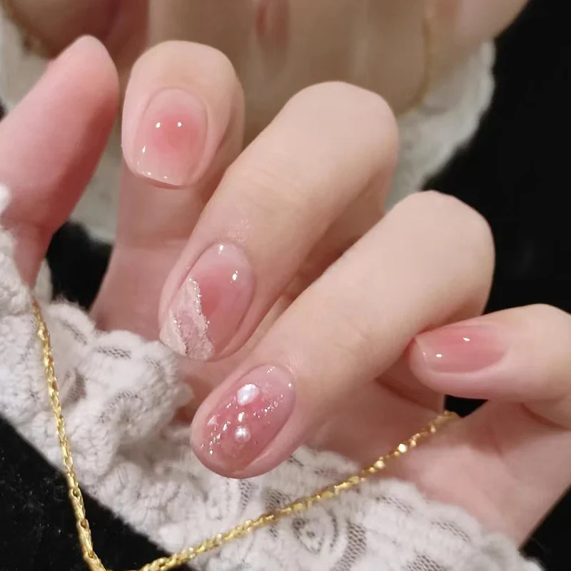 Ethereal Glow Short Square Blush Pink with Pearlescent Accents Press On Nail Set