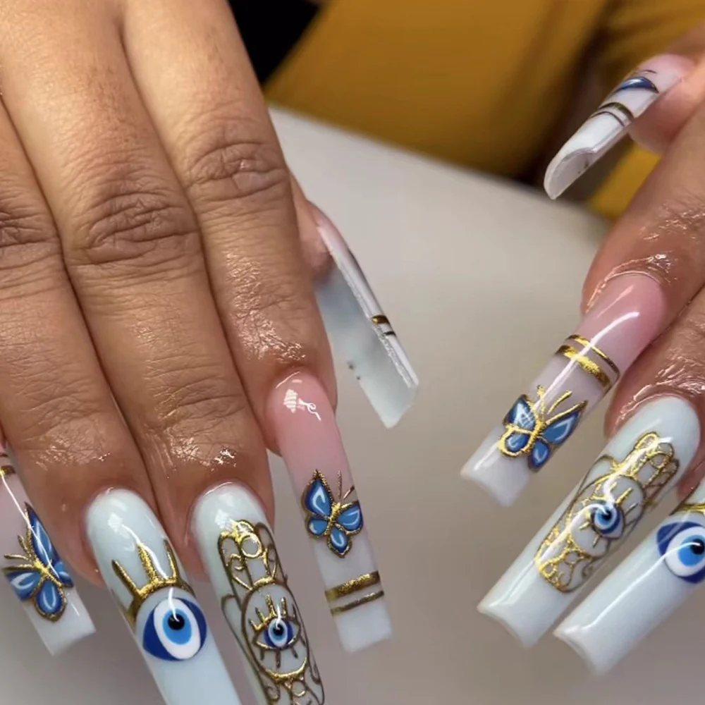 Evil Eye Long Coffin White Bold Press On Nails