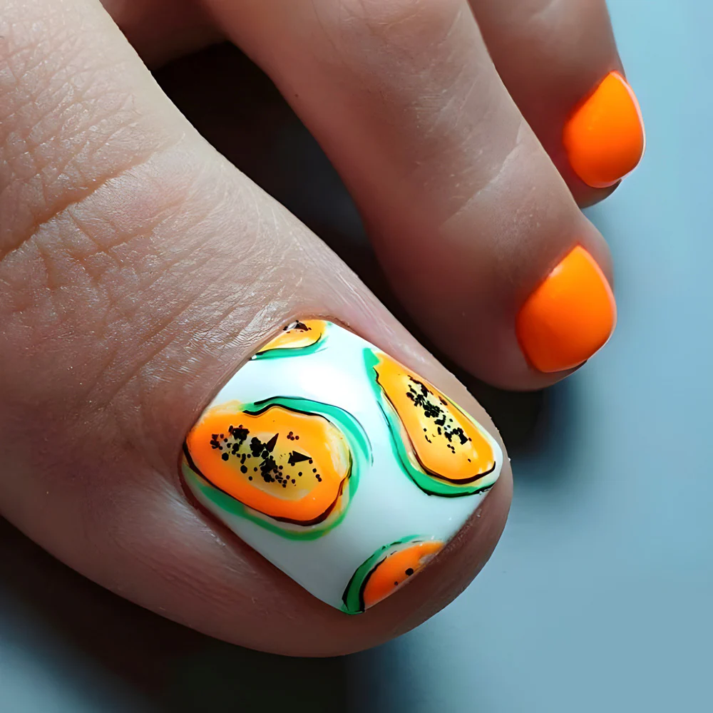 Exotic Tropics Short Square Orange and White Press On Toenails with Papaya Fruit Design