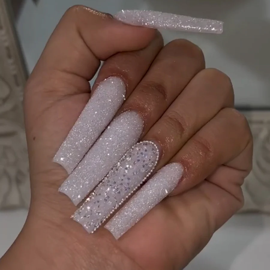 Fairy Tale Dream Long Square Blush Pink with Sparkling Glitter and Rhinestone Accent Press On Nail Set