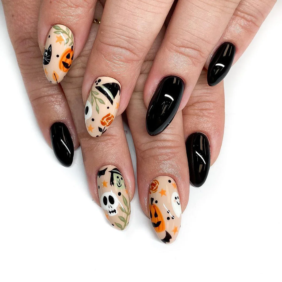 Fall Farm Party Medium Almond Black Halloween Press On Nails