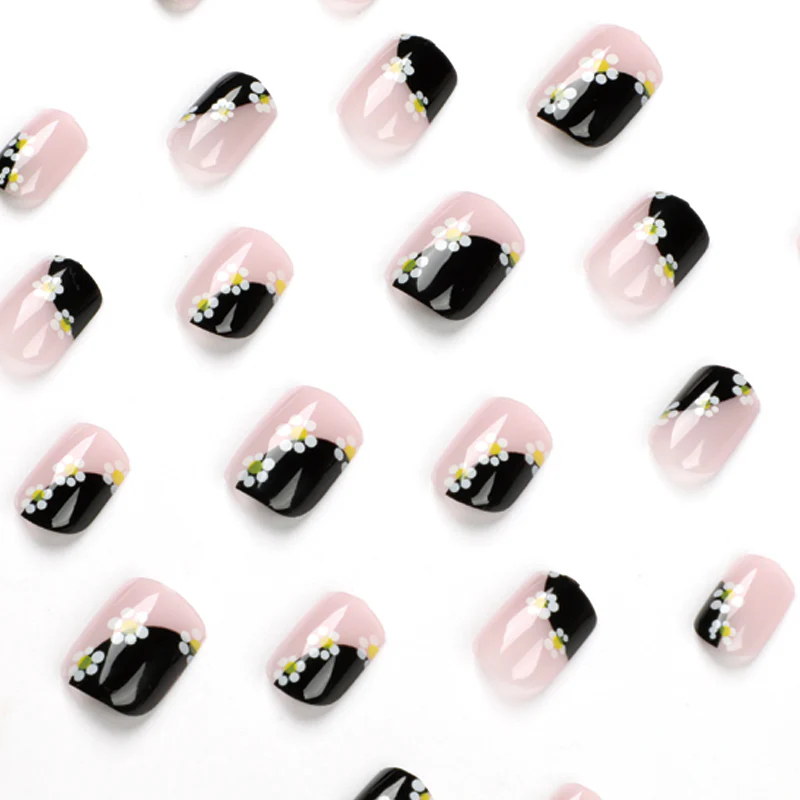 Fantastic Flowers Short Square Black Floral Press On Nails - Image 2