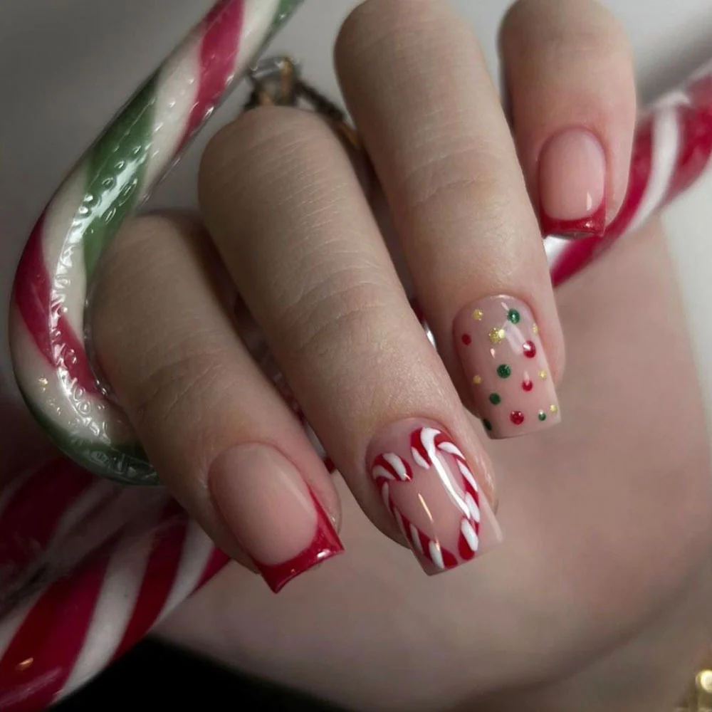 Festive Candy Cane Medium Square Red and Green Holiday Themed Press On Nail Set with Fun Dotted Design