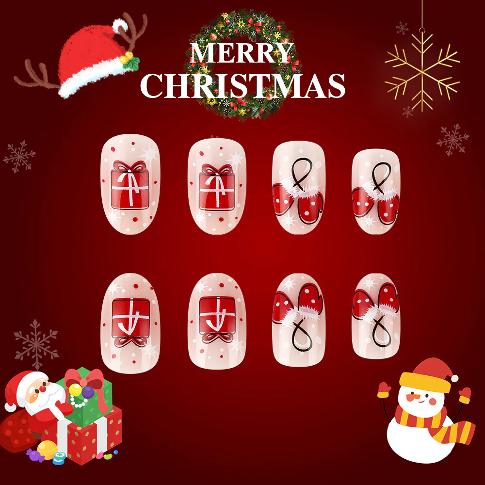 Festive Charm Red Short Oval Press On Nail Set with Gift and Bow Design