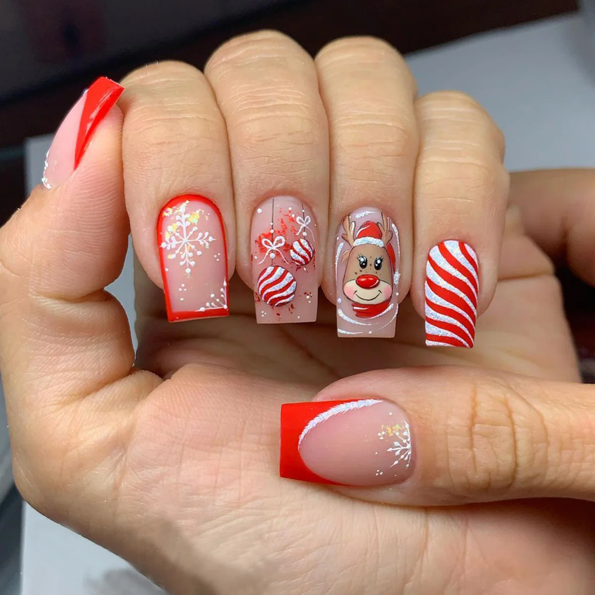 Festive Cheer Long Square Red and Clear Press On Nail Set with Whimsical Reindeer Design