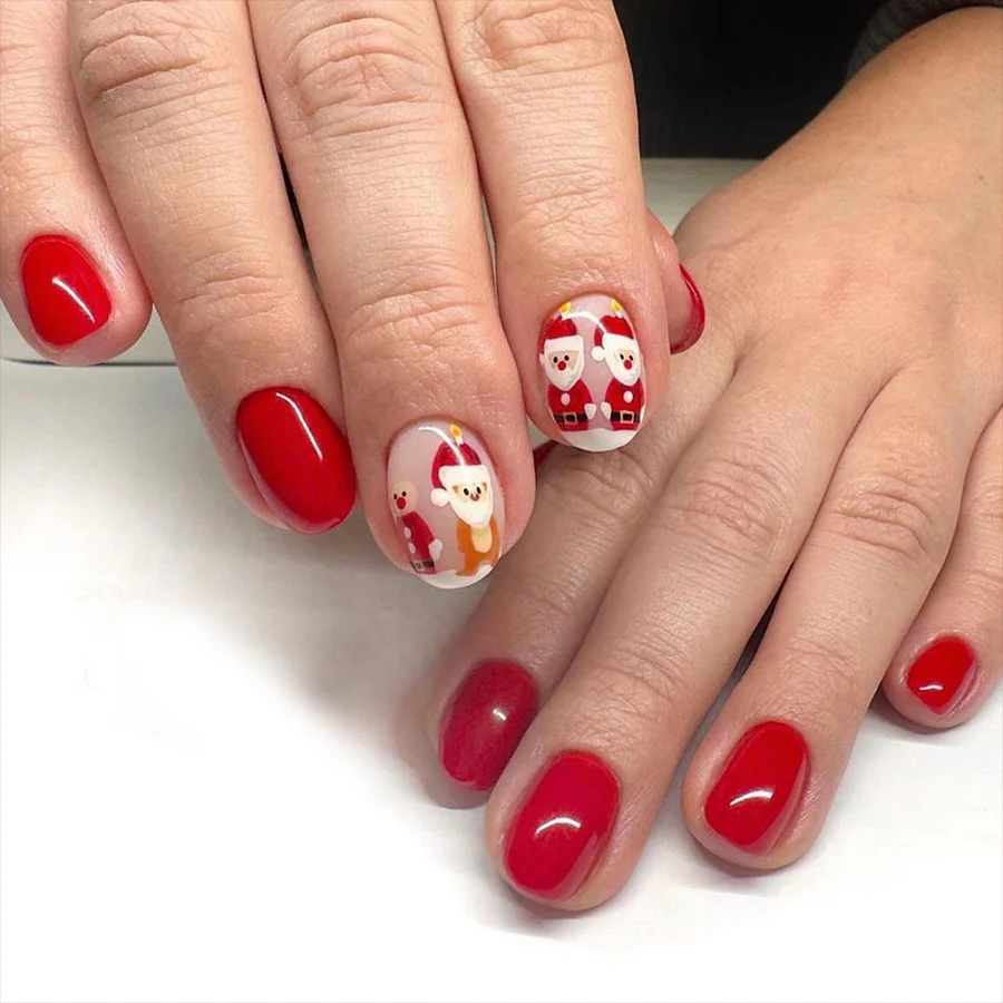 Festive Cheer Red Short Round Press-On Nail Set with Charming Santa Design