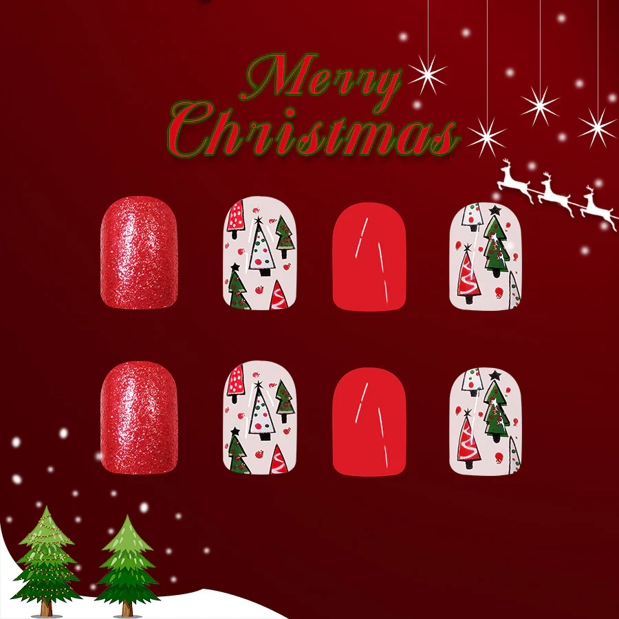 Festive Christmas Press On Nail Set Medium Square Red Glitter with Charming Christmas Tree Design