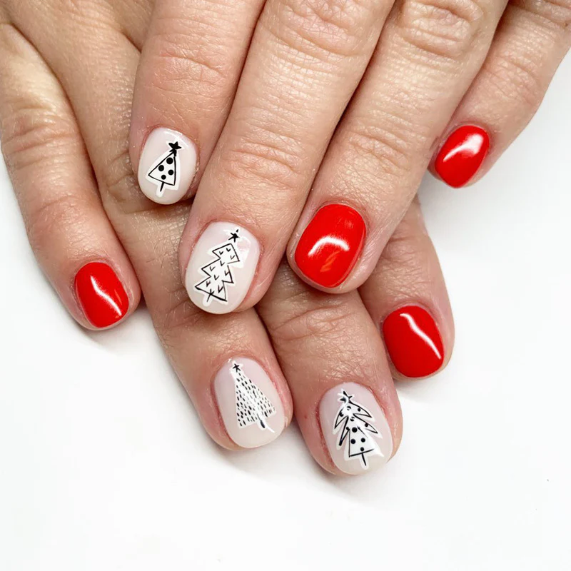 Festive Christmas Wonderland Short Square Red and White Press On Nail Set with Unique Holiday Tree Designs