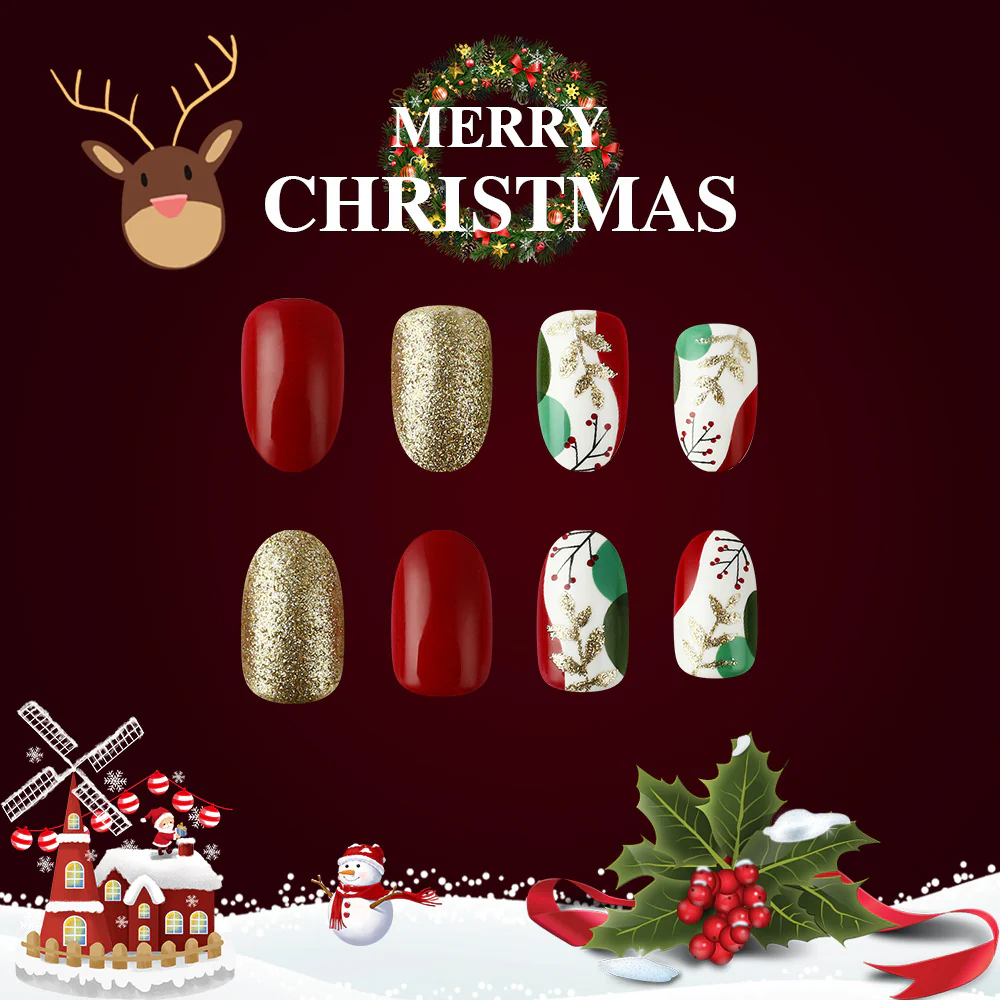 Festive Elegance Glossy Short Oval Red and Gold Glitter Holiday Nail Set with Charming Christmas Designs