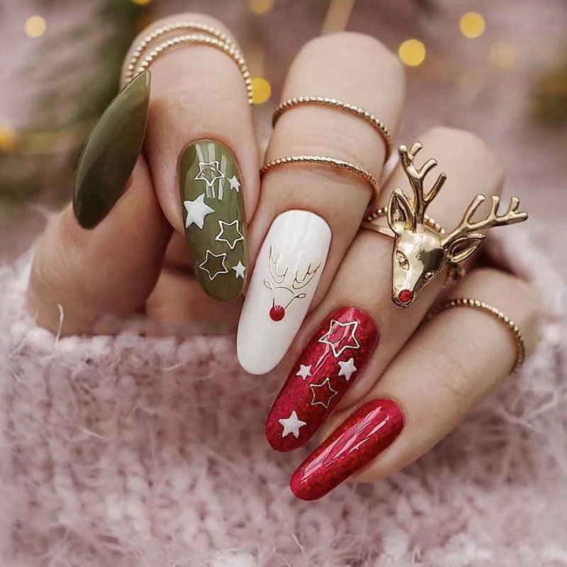 Festive Fawn Long Oval Green White Red Press On Nail Set with Glitter and Christmas Reindeer Accents