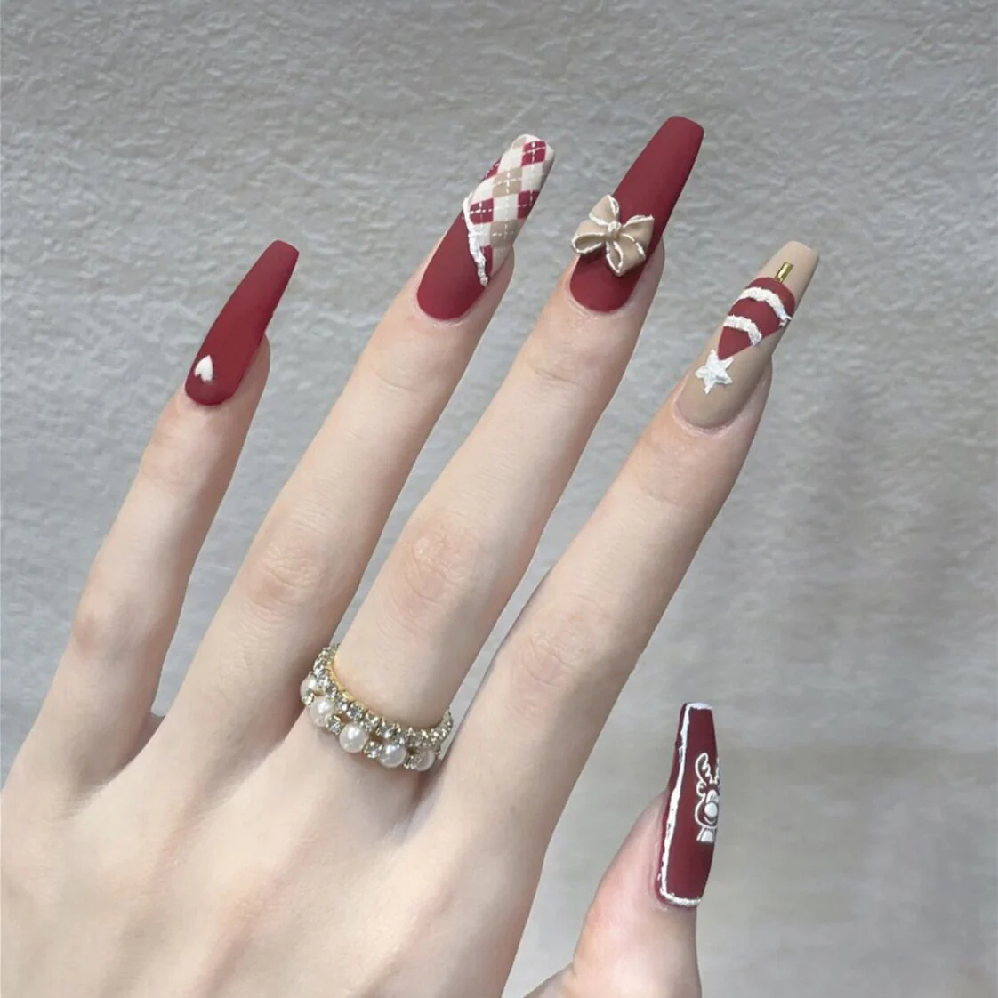 Festive Glam Long Coffin Red Press On Nail Set with Unique Christmas Designs and Accents