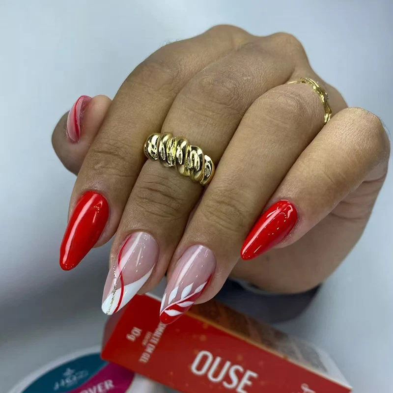 Festive Glamour Medium Almond Red and Pink Gradient Nails with Elegant Accent Design