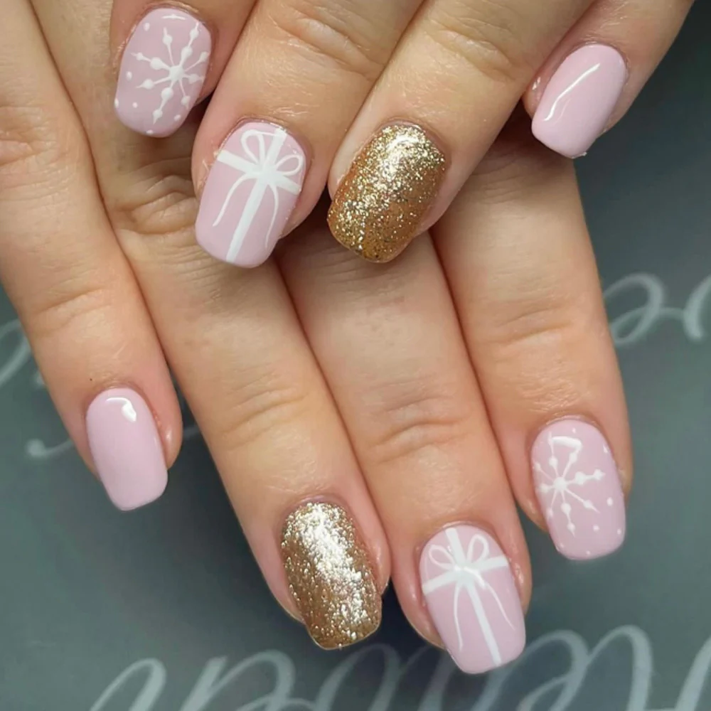 Festive Glamour Medium Coffin Pink and Gold Press On Nail Set with Gift Bow Designs