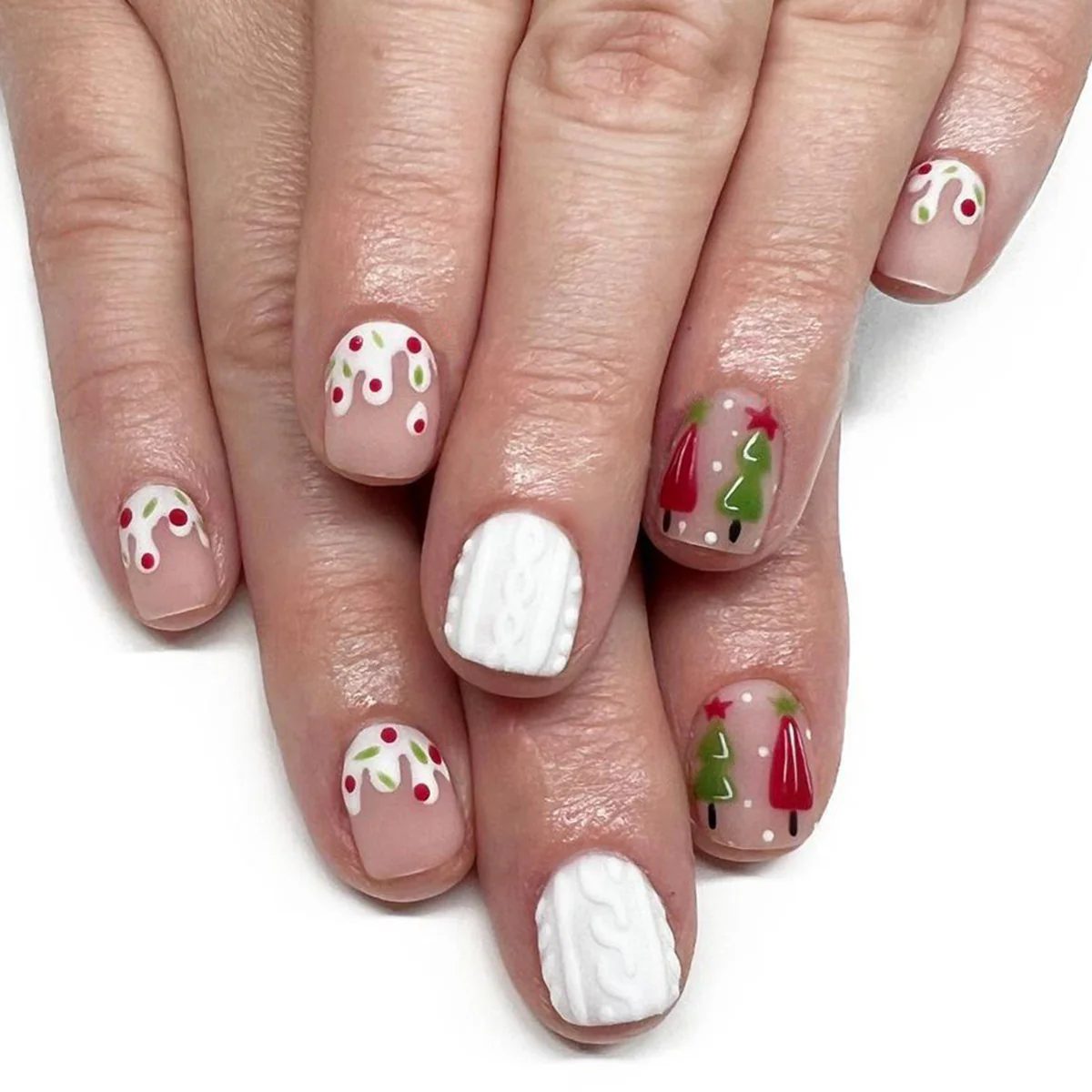 Festive Holiday Glam Short Square White and Red with Unique Knit Texture Press on Nail Set