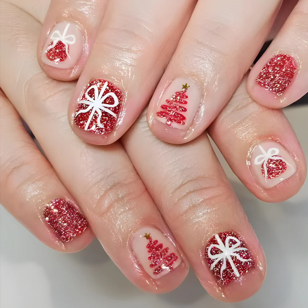 Festive Holiday Glamour Short Square Red with Sparkling Glitter and Charming Gift Designs Press On Nail Set