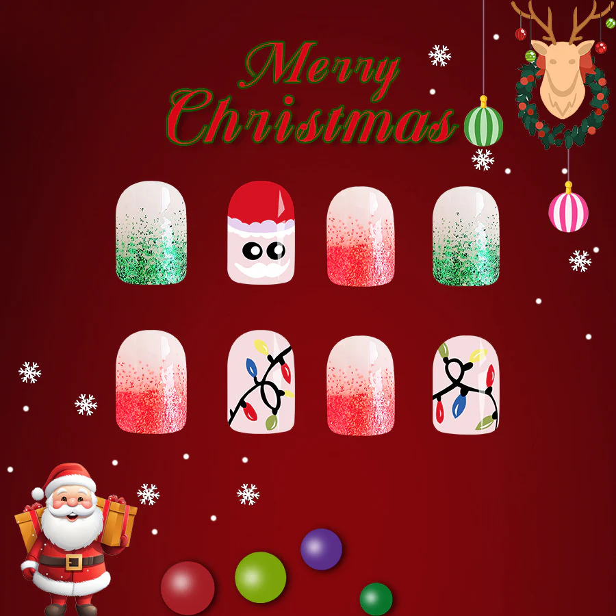Festive Holiday Magic Medium Square Red and Green Glitter Press On Nail Set with Fun Santa and Christmas Lights Design