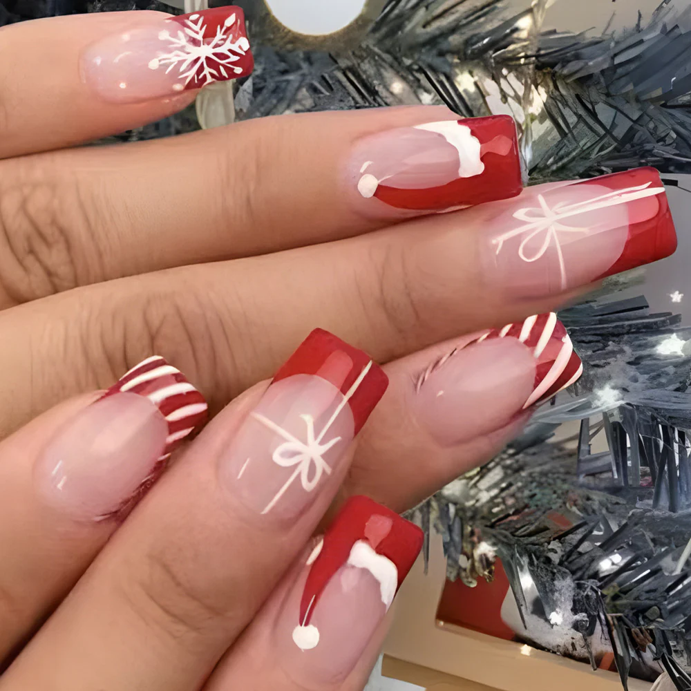 Festive Holiday Medium Square Red and White Press On Nail Set with Snowflake and Santa Themes