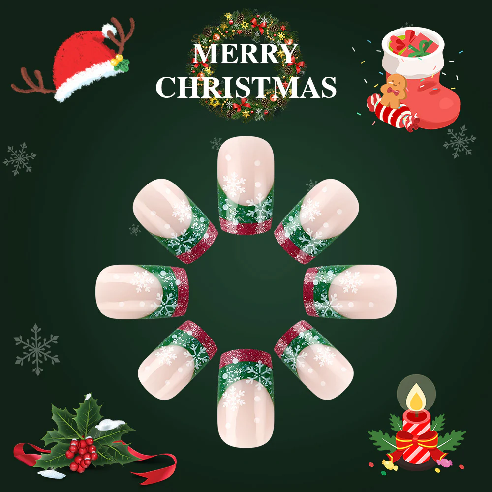 Festive Winter Wonderland Short Square Green and Red Sparkle with Snowflake Design Press-On Nail Set