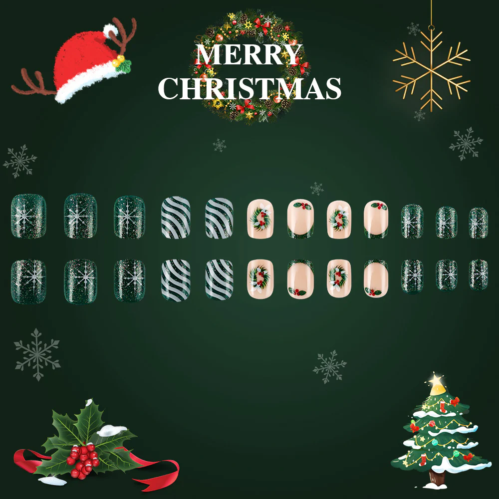 Festive Winter Wonderland Short Square Green Glitter Holiday Themed Press on Nail Set with Elegant Holly Designs