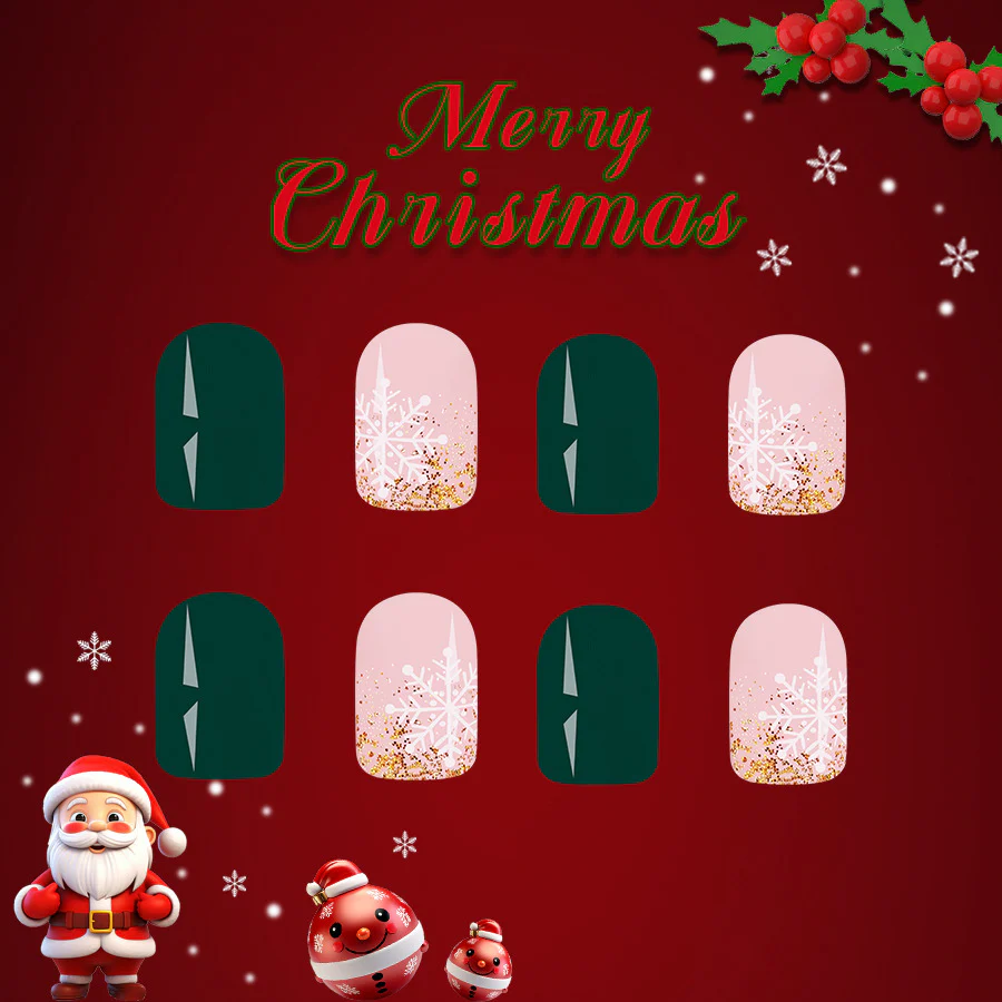 Festive Winter Wonderland Short Square Press On Nail Set Green and Pink with Glitter Snowflake Design