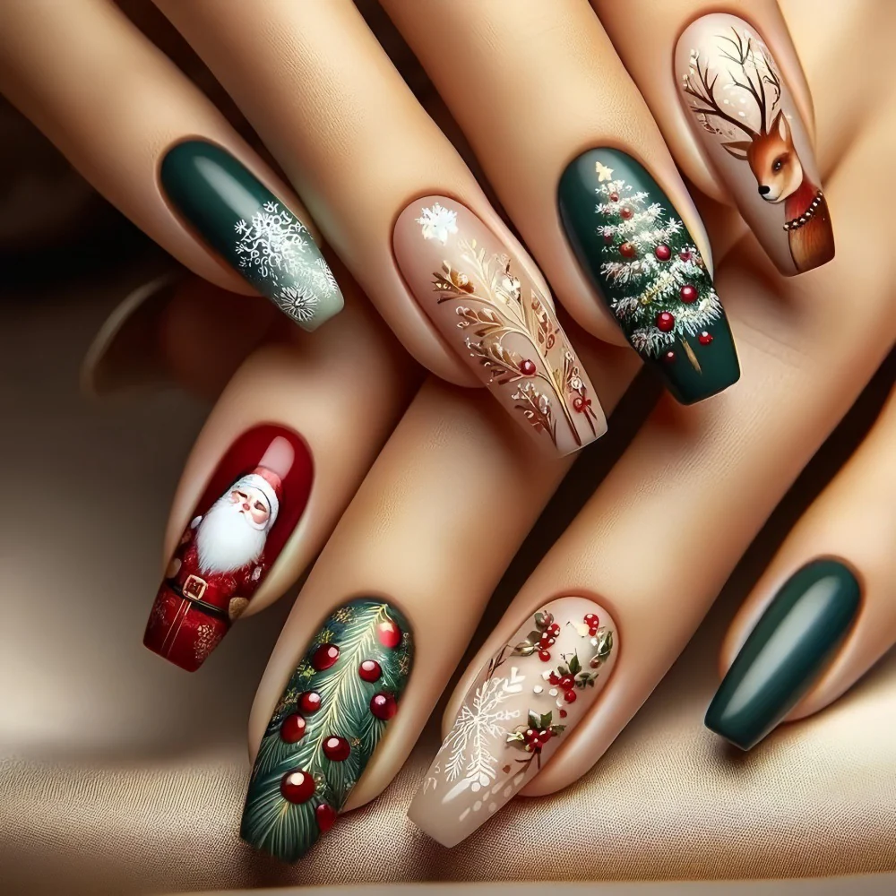 Festive Wonderland Long Coffin Green and Red with Christmas Characters and Glittery Accents Press On Nail Set