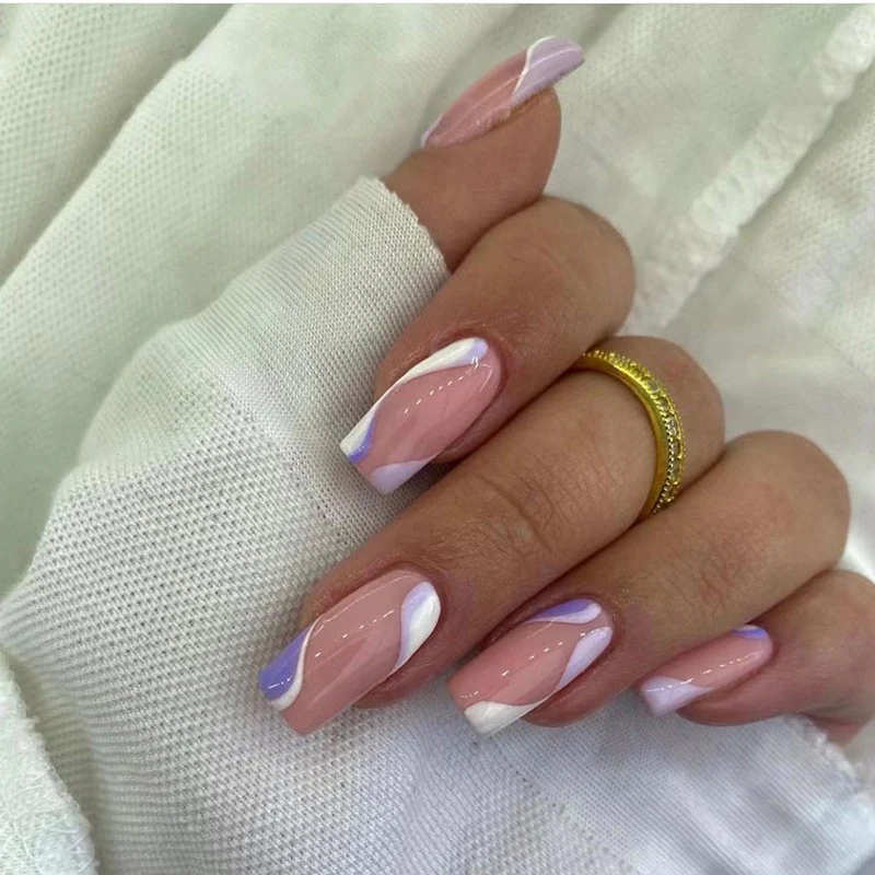 First Class Medium Square Purple Marble Press On Nails