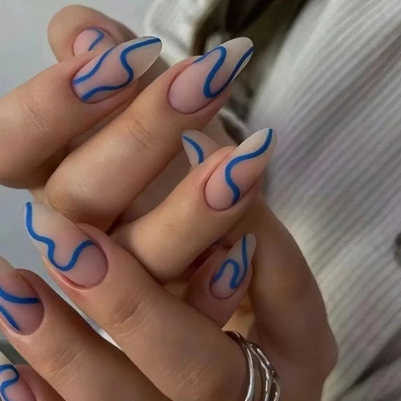 First Episode Long Oval Blue Matte Press On Nails
