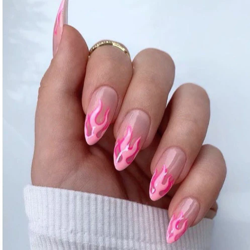 Flaming Hot Almond Press On Long Nail Set in Glossy Pink with Eye Catching Flame Design