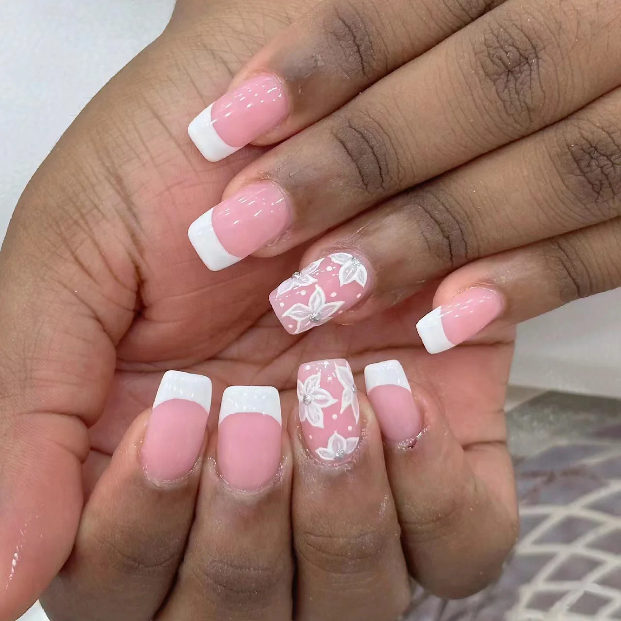 Floral Dream Pink Long Square Press On Nail Set with White Tips and Elegant Flower Designs