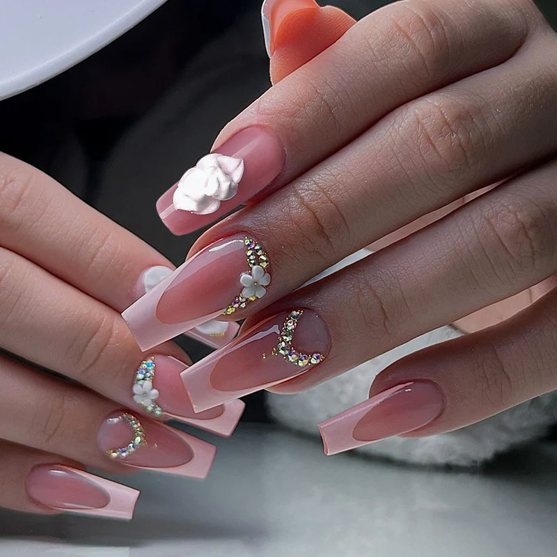 Floral Elegance Extra Medium Square Ombre Pink with Charming Floral and Gem Accents Press on Nail Set