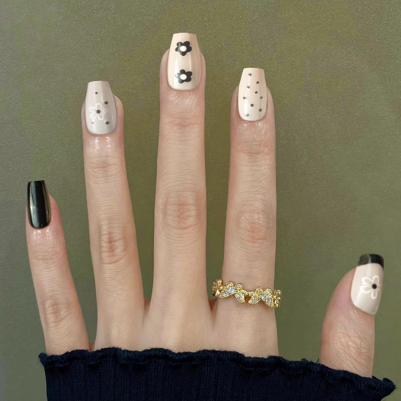 Floral Elegance Medium Coffin Beige Black and White Floral Design Press on Nail Set