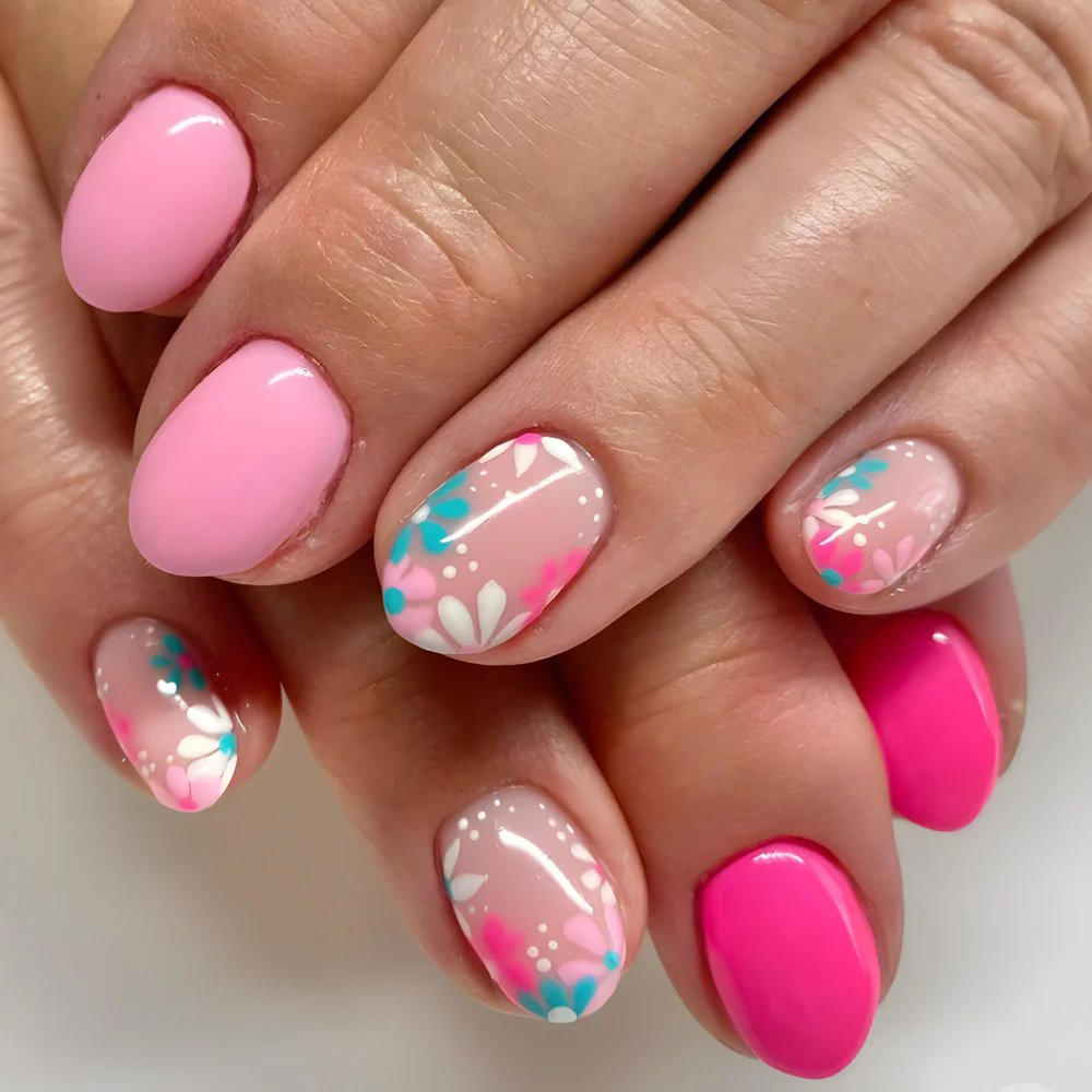 Floral Elegance Short Oval Pink Press On Nail Set with Bright Floral Accents