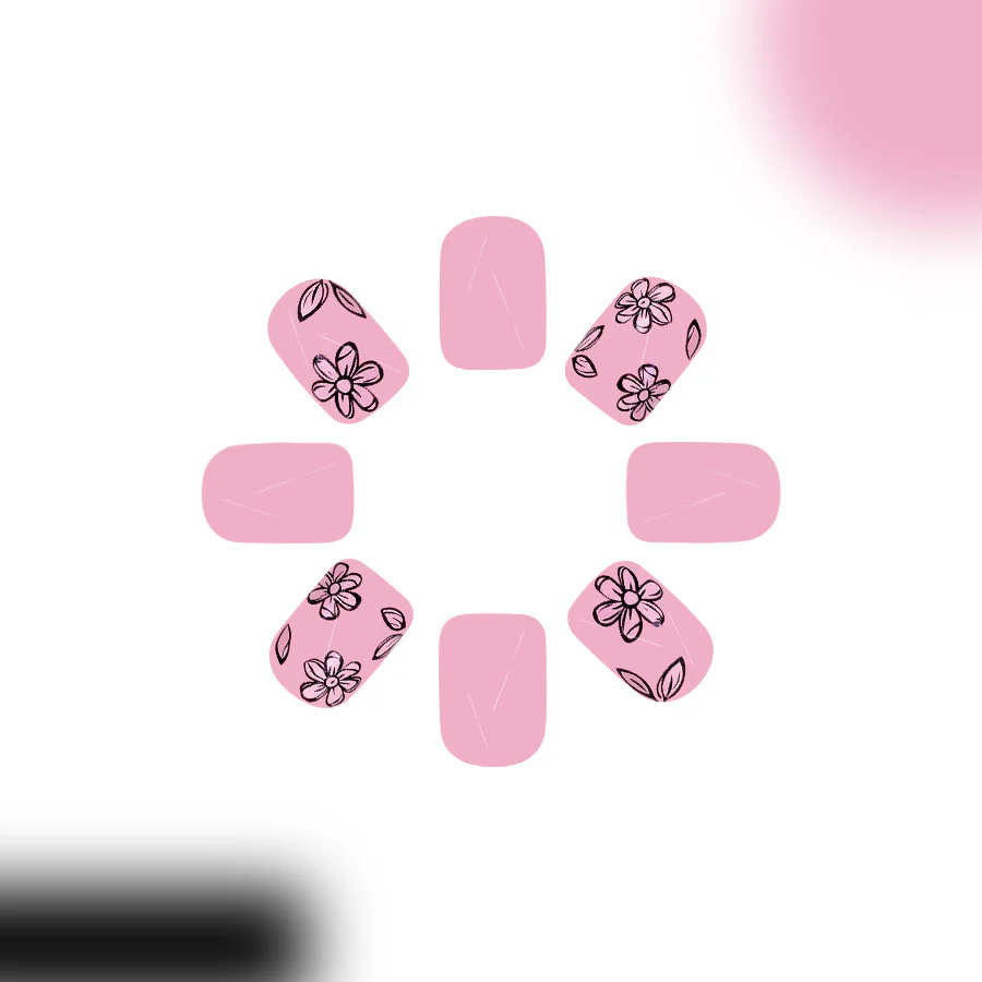 Floral Fantasy Short Square Press On Nail Set in Soft Pink with Elegant Flower Designs