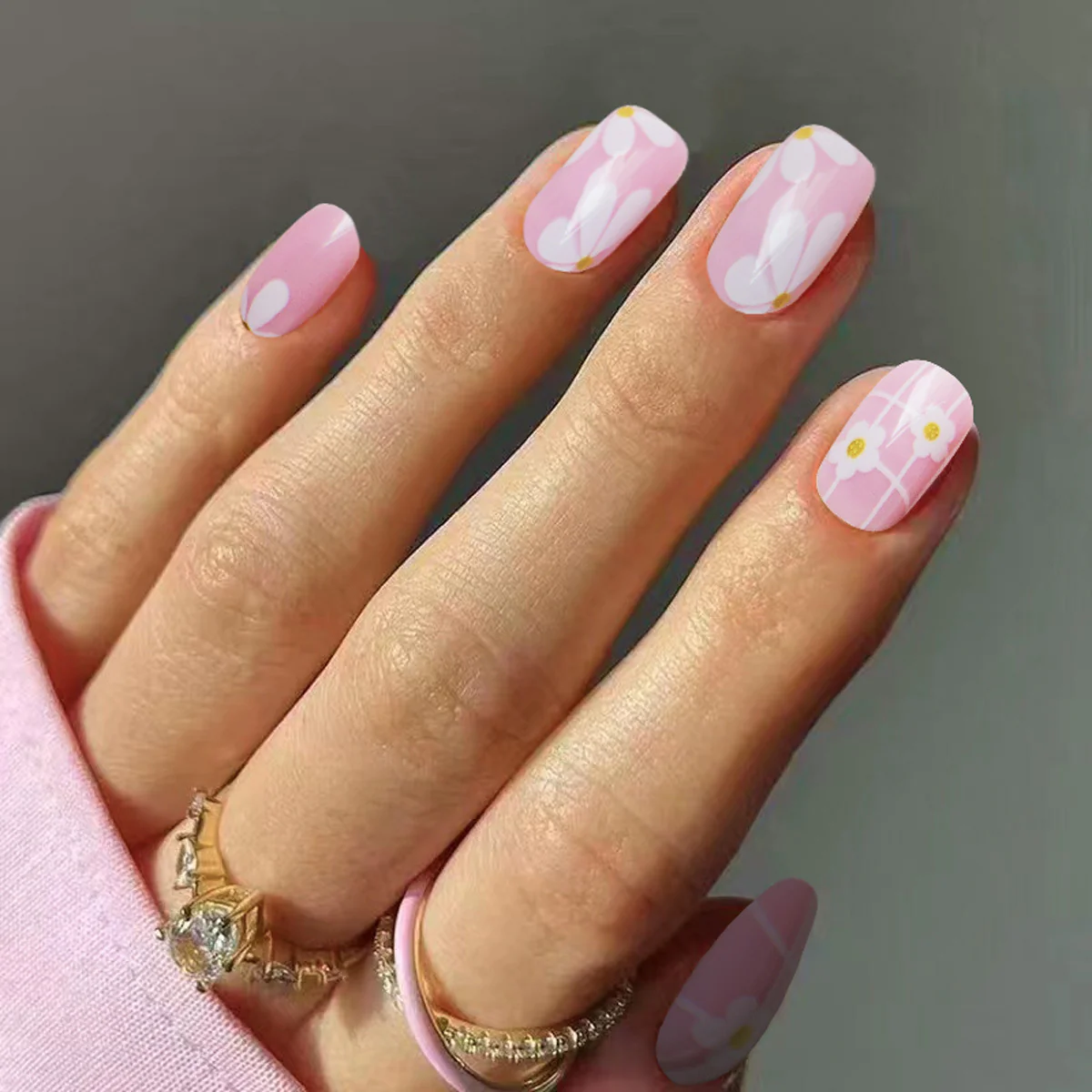 Flower Garden Long Square Pink Press On Nail Set with Floral Accents