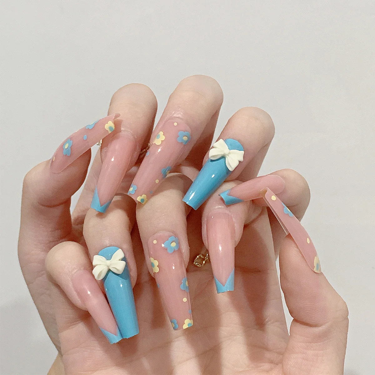 Flower Power Forever Long Coffin Blue Cute Press On Nails