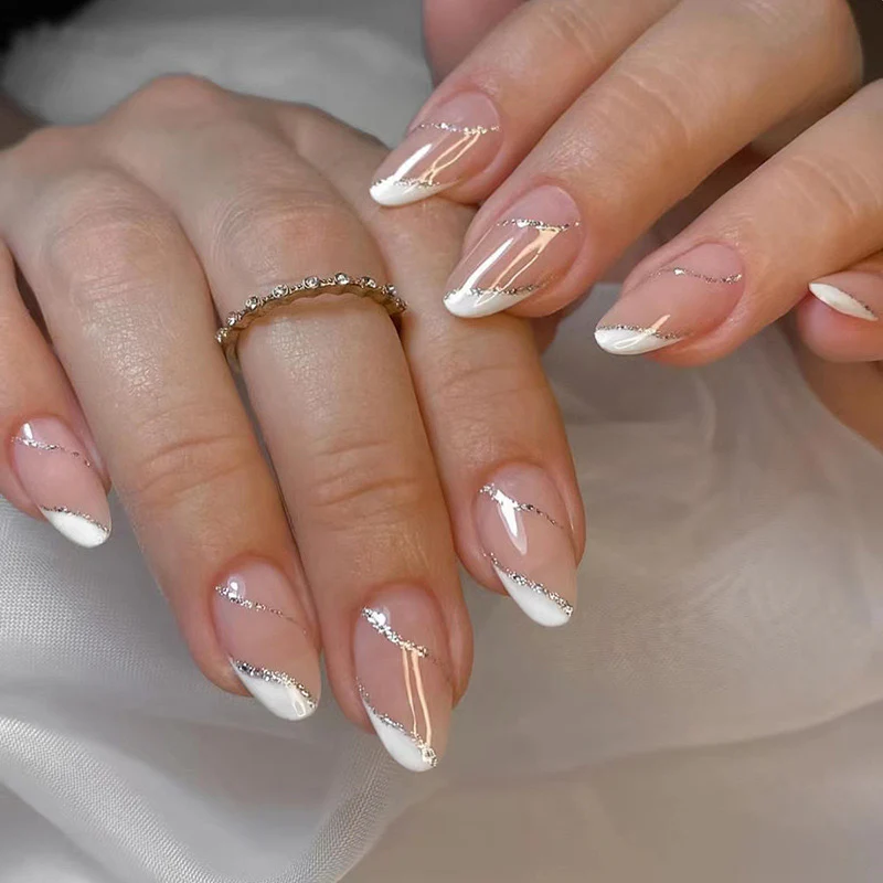 Fly The Sky Medium Oval Silver Glitter Press On Nails