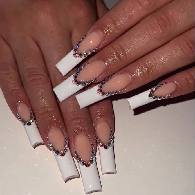 Framework Long Square White Studded Press On Nails