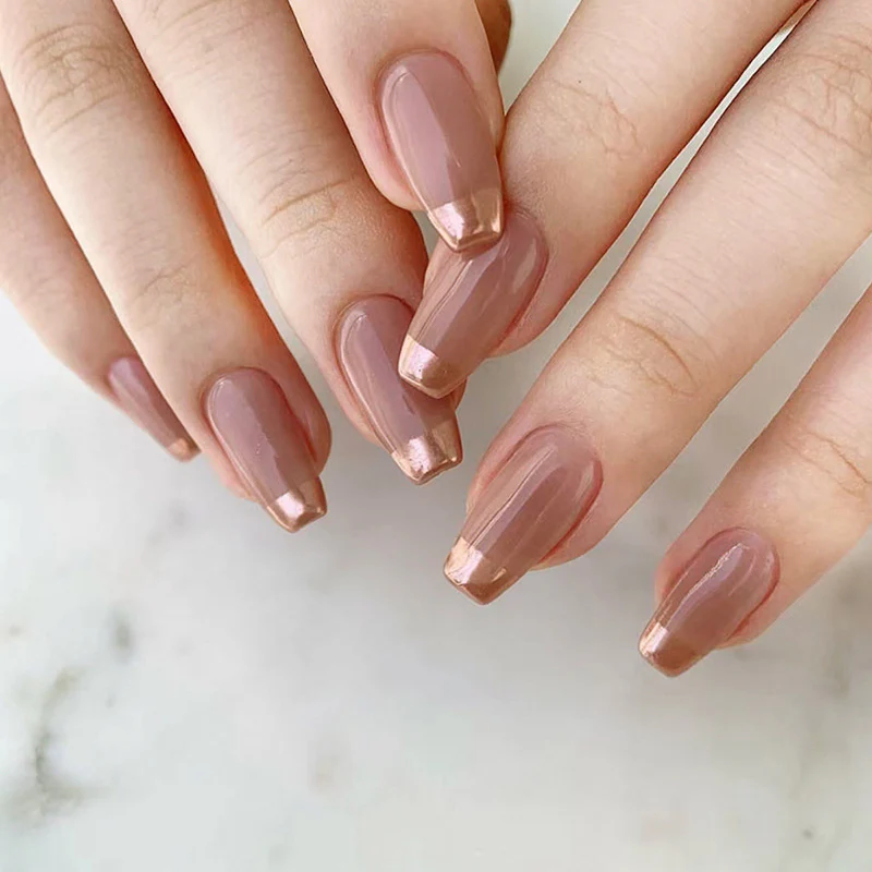 French Dip Long Coffin Gold Everyday Press On Nails