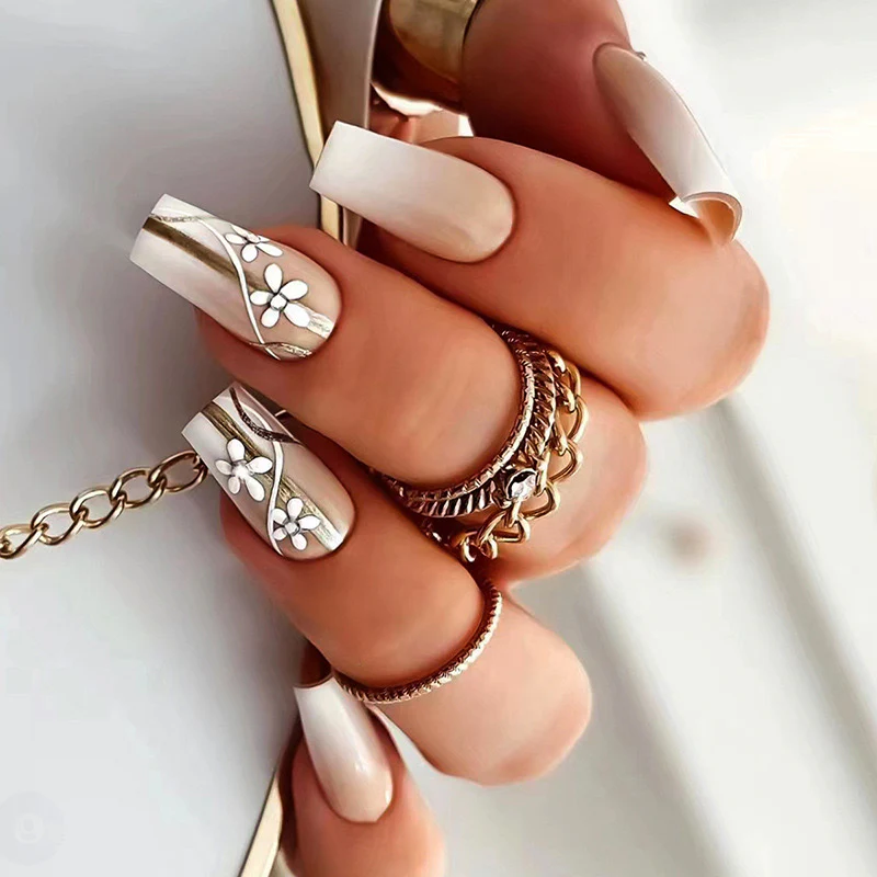 Full Vase Medium Square Brown Floral Press On Nails