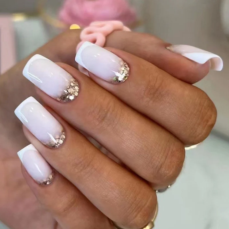 Fully Admit Medium Square White Glitter Press On Nails