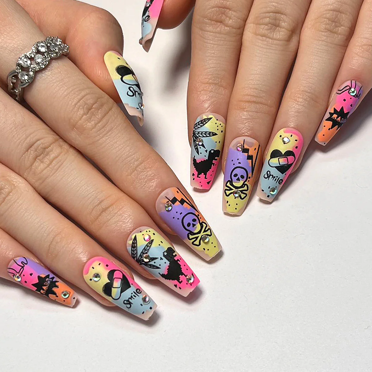 Funky FÔøΩte Extra Long Coffin Multicolor Graffiti Art Press-On Nails with Playful Emojis and Glitter Accents
