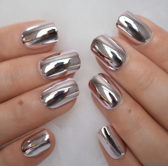 Futuristic Chrome Mirror Finish Medium-Length Squoval Press On Nail Set in Metallic Silver with High-Shine Reflective Surface