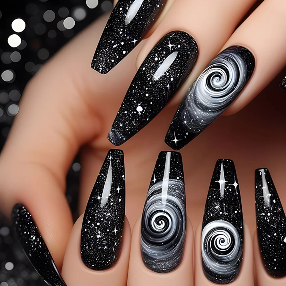 Galaxy Dreams Long Coffin Black Nail Set with Unique Swirling Cosmic Design