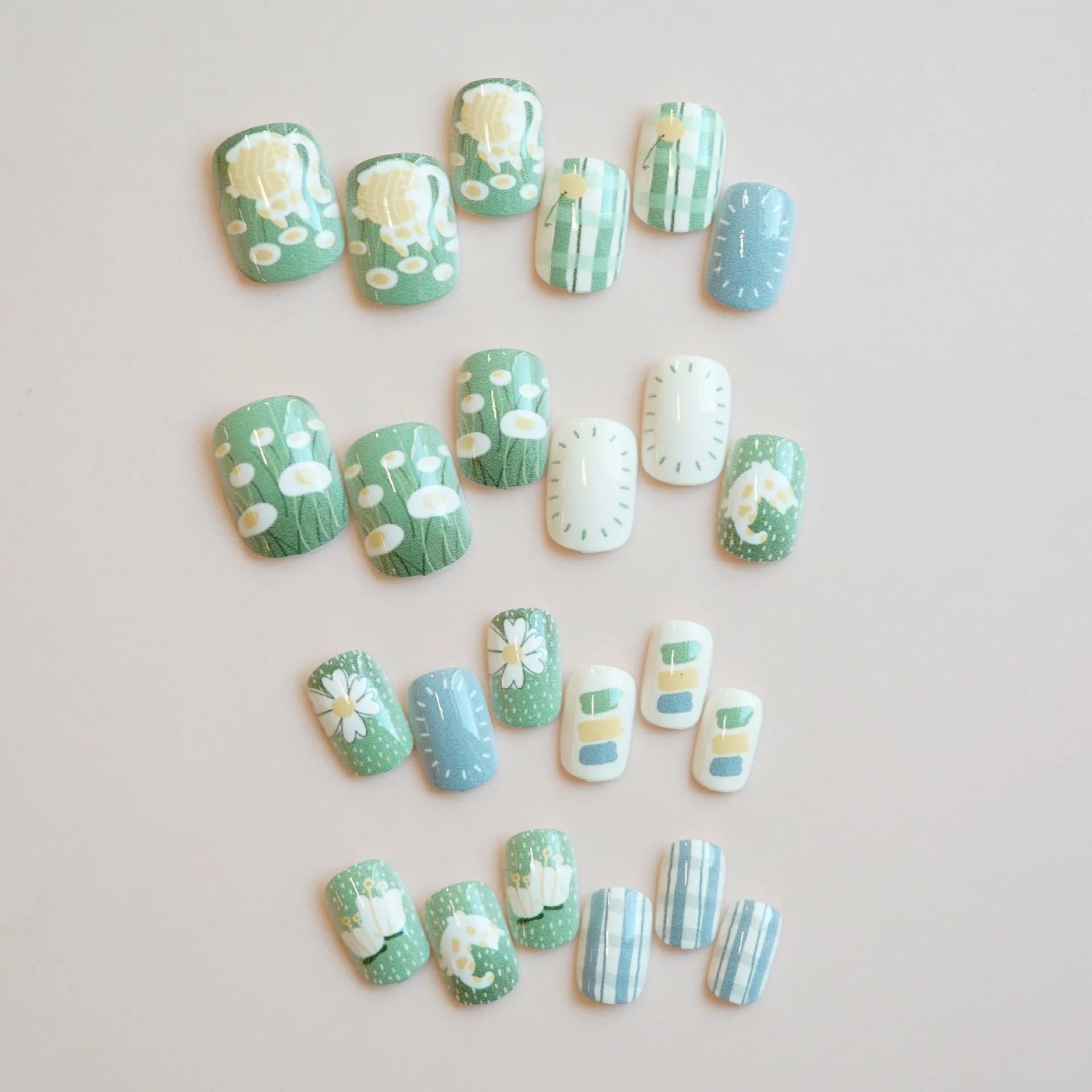 Garden Delight Medium Square Mint Green Press On Nail Set with Whimsical Floral and Clock Designs