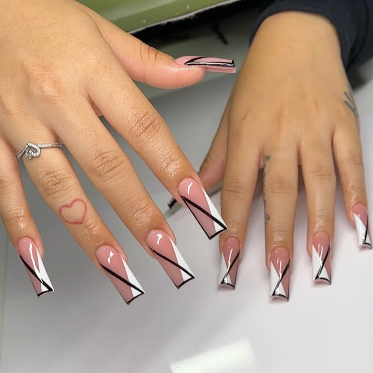 Geometric Glamour Long Coffin Pink and Black Press On Nails with Abstract Line Art Design